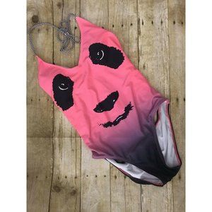 PacSun Radar Size L Large Swimsuit Pink Black Face Print Cage Back Tie Top